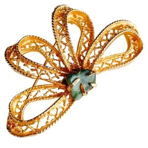 VTG Mid Century Bow Brooch Gold Filigree Green Cabochon Stone 1960s Jewelry